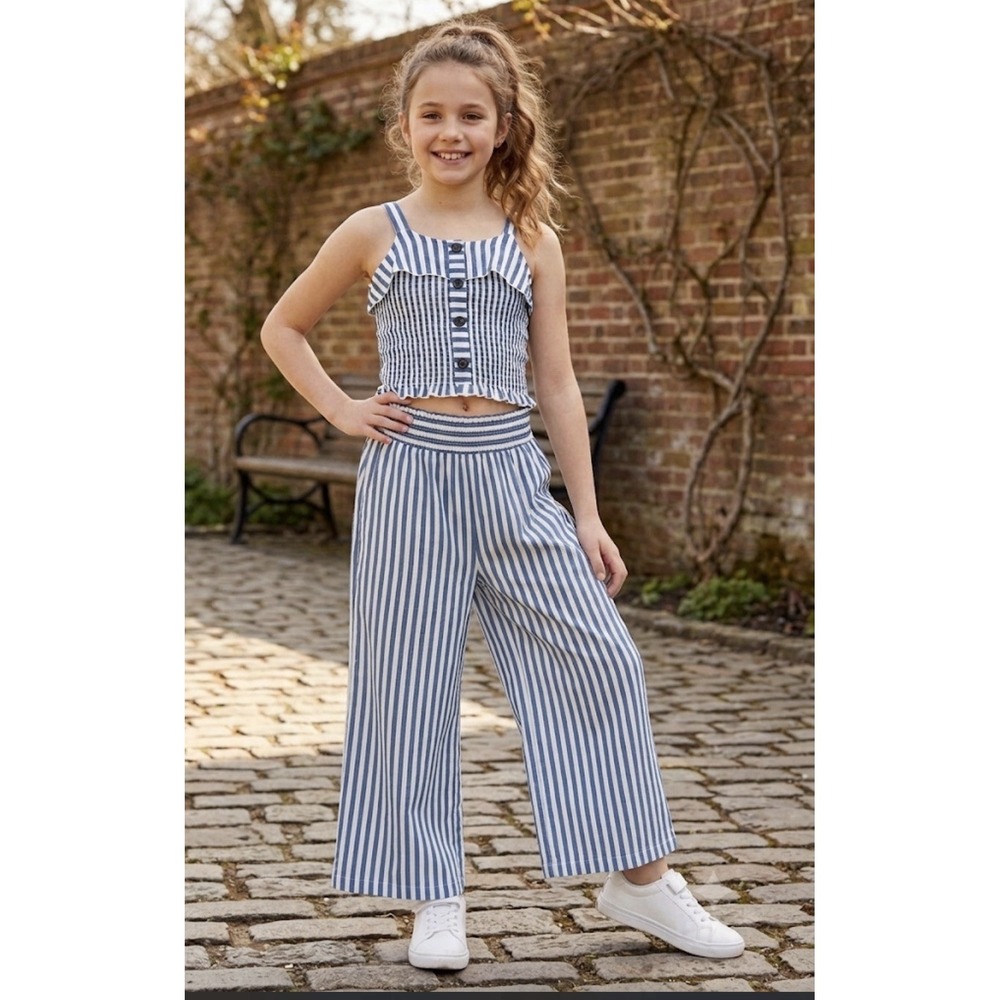 Japna Kids Girls Blue White Striped 2 Piece Set Smocked Top Wide Leg Pants 12
